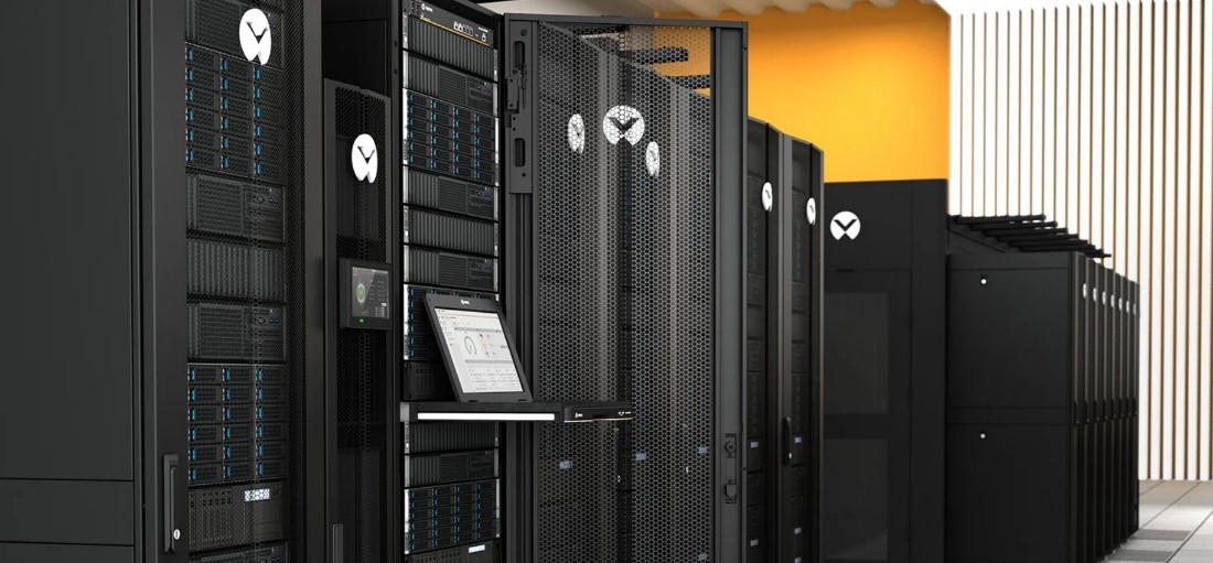 Vertiv racks lined up in a Data Center